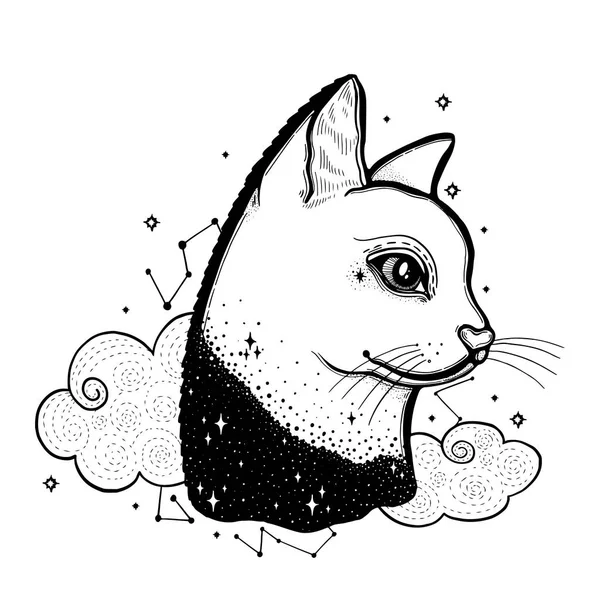 Sketch Graphic Illustration Cat Mystic Occult Hand Drawn Symbols Vector — Stock Vector