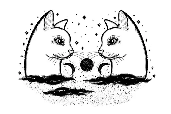 Skiss Grafisk Illustration Katt Med Mystic Och Ockulta Hand Dras — Stock vektor