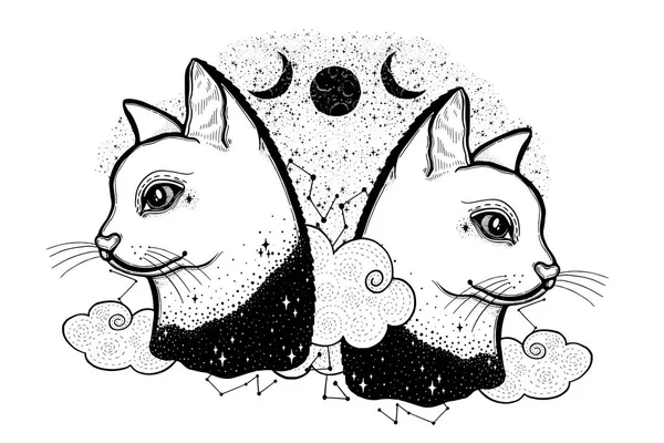 Skiss Grafisk Illustration Katt Med Mystic Och Ockulta Hand Dras — Stock vektor