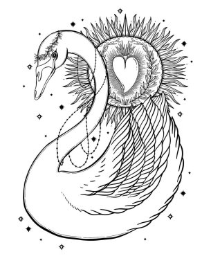 Eskiz grafik illüstrasyon güzel kuğu güneş fairytale karakter mistik ve gizli el ile sembolleri çizilmiş. Vektör çizim. Vintage eski moda Tattoos.Freemasonry ve gizli dernekler Amblemler elleriyle