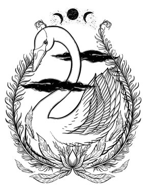 Eskiz grafik illüstrasyon güzel kuğu fairytale karakter mistik ve gizli el ile sembolleri çizilmiş. Vektör çizim. Vintage eski moda Tattoos.Freemasonry ve gizli dernekler Amblemler elleriyle