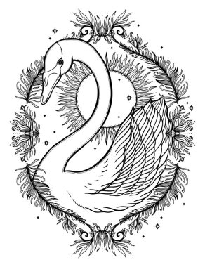 Eskiz grafik illüstrasyon güzel kuğu güneş fairytale karakter mistik ve gizli el ile sembolleri çizilmiş. Vektör çizim. Vintage eski moda Tattoos.Freemasonry ve gizli dernekler Amblemler elleriyle