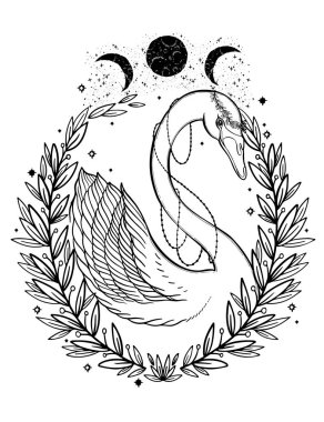 Eskiz grafik illüstrasyon güzel kuğu fairytale karakter mistik ve gizli el ile sembolleri çizilmiş. Vektör çizim. Vintage eski moda Tattoos.Freemasonry ve gizli dernekler Amblemler elleriyle