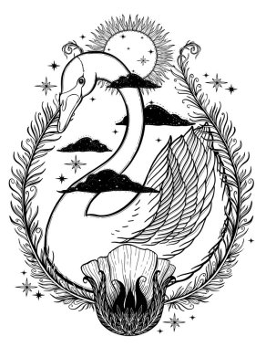 Eskiz grafik illüstrasyon güzel kuğu güneş fairytale karakter mistik ve gizli el ile sembolleri çizilmiş. Vektör çizim. Vintage eski moda Tattoos.Freemasonry ve gizli dernekler Amblemler elleriyle