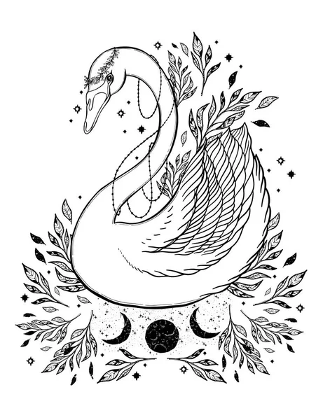 Eskiz grafik illüstrasyon güzel kuğu fairytale karakter mistik ve gizli el ile sembolleri çizilmiş. Vektör çizim. Vintage eski moda Tattoos.Freemasonry ve gizli dernekler Amblemler elleriyle