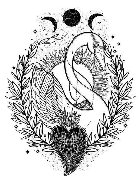 Эскиз Графической Иллюстрации Beautiful Swan Sun Fairytale Character Mystic Occult — стоковый вектор