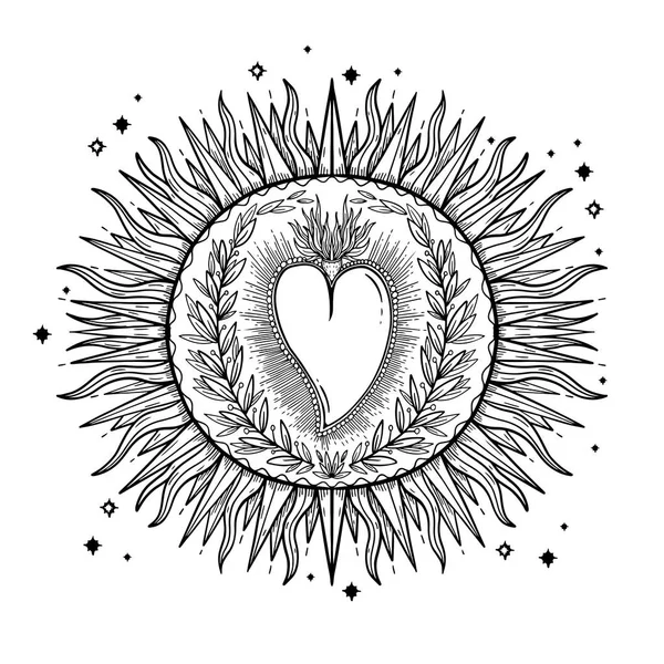 Szkic Graficzny Ilustracja Piękne Słońce Mystic Okultystyczne Ręką Narysowane Symboli — Wektor stockowy
