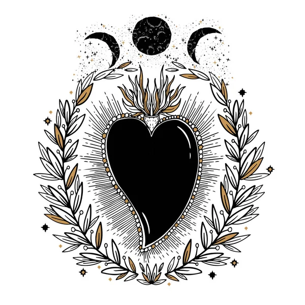 Красивое Сердце Мистическими Оккультными Ручными Символами Векторная Иллюстрация Винтажные Руки — стоковый вектор