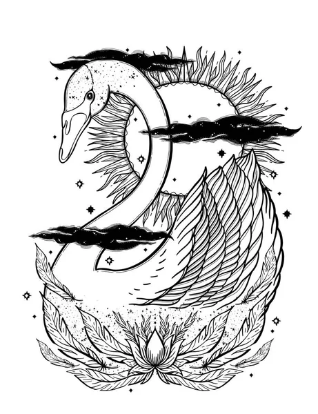 Szkic Graficzny Ilustracja Łabędzią Słońce Bajkowy Charakter Mistyczny Okultystyczne Ręką — Wektor stockowy