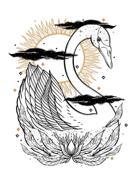 Skiss Grafisk Illustration Vacker Svan Solen Fairytale Tecken Med Mystic — Stock vektor