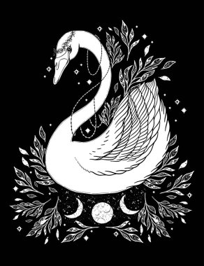 Eskiz grafik illüstrasyon güzel kuğu güneş fairytale karakter mistik ve gizli el ile sembolleri çizilmiş. Vektör çizim. Eski moda dövmeli Vintage el t SHIRT baskı... Masonluk ve gizli dernekler Amblemler