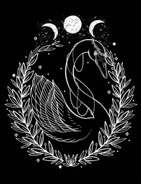 Eskiz grafik illüstrasyon güzel kuğu güneş fairytale karakter mistik ve gizli el ile sembolleri çizilmiş. Vektör çizim. Vintage eski moda dövme, elleriyle t shirt baskı. Masonluk ve gizli dernekler Amblemler