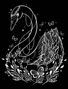 Eskiz grafik illüstrasyon güzel kuğu güneş fairytale karakter mistik ve gizli el ile sembolleri çizilmiş. Vektör çizim. Eski moda dövmeli Vintage el t gömlek yazdırın. Masonluk ve gizli dernekler Amblemler