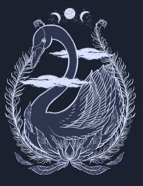 Eskiz grafik illüstrasyon güzel kuğu güneş fairytale karakter mistik ve gizli el ile sembolleri çizilmiş. Vektör çizim. Eski moda dövmeli Vintage el t gömlek yazdırın. Masonluk ve gizli dernekler Amblemler