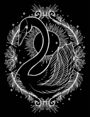 Eskiz grafik illüstrasyon güzel kuğu güneş fairytale karakter mistik ve gizli el ile sembolleri çizilmiş. Vektör çizim. Eski moda dövmeli Vintage el t gömlek yazdırın. Masonluk ve gizli dernekler Amblemler