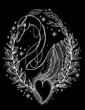 Eskiz grafik illüstrasyon güzel kuğu güneş fairytale karakter mistik ve gizli el ile sembolleri çizilmiş. Vektör çizim. Eski moda dövmeli Vintage el t gömlek yazdırın. Masonluk ve gizli dernekler Amblemler