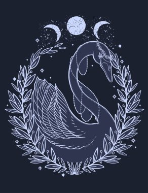 Eskiz grafik illüstrasyon güzel kuğu güneş fairytale karakter mistik ve gizli el ile sembolleri çizilmiş. Vektör çizim. Eski moda dövmeli Vintage el t gömlek yazdırın. Masonluk ve gizli dernekler Amblemler