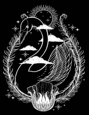Eskiz grafik illüstrasyon güzel kuğu güneş fairytale karakter mistik ve gizli el ile sembolleri çizilmiş. Vektör çizim. Eski moda dövmeli Vintage el t gömlek yazdırın. Masonluk ve gizli dernekler Amblemler