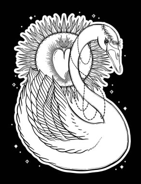 Eskiz grafik illüstrasyon güzel kuğu güneş fairytale karakter mistik ve gizli el ile sembolleri çizilmiş. Vektör çizim. Eski moda dövmeli Vintage el t gömlek yazdırın. Masonluk ve gizli dernekler Amblemler