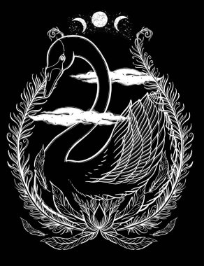 Eskiz grafik illüstrasyon güzel kuğu güneş fairytale karakter mistik ve gizli el ile sembolleri çizilmiş. Vektör çizim. Eski moda dövmeli Vintage el t gömlek yazdırın. Masonluk ve gizli dernekler Amblemler