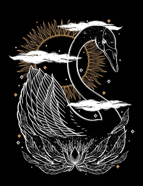 Eskiz grafik illüstrasyon güzel kuğu güneş fairytale karakter mistik ve gizli el ile sembolleri çizilmiş. Vektör çizim. Eski moda dövmeli Vintage el t gömlek yazdırın. Masonluk ve gizli dernekler Amblemler