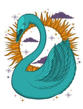 Eskiz grafik illüstrasyon güzel kuş kuğu renk mistik ve gizli el ile sembolleri çizilmiş. Vektör çizim. Vintage eski moda dövmeler ile yazdırır. Fairtale