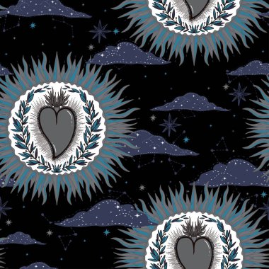 Eskiz grafik illüstrasyon seamless modeli güneş mistik ve gizli elle çizilmiş sembolleri ile. Vektör çizim. Eski moda Tattoos.Freemasonry Vintage baskılar