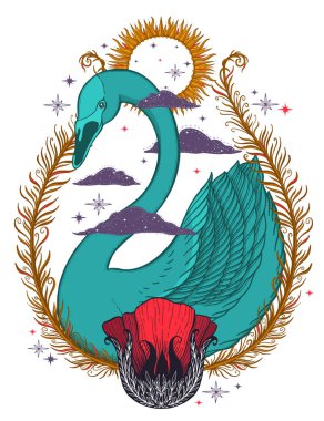 Eskiz grafik illüstrasyon güzel kuş kuğu renk mistik ve gizli el ile sembolleri çizilmiş. Vektör çizim. Vintage eski moda dövmeler ile yazdırır. Fairtale