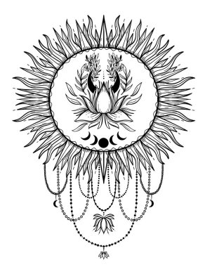 Eskiz grafik illüstrasyon güzel güneş lotus mistik ve gizli el ile sembolleri çizilmiş. Vektör çizim. Vintage eski moda Tattoos.Freemasonry ve gizli dernekler Amblemler elleriyle