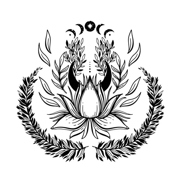 Красивый Лотос Буддийским Знаком Духовными Священными Оккультными Ручными Символами Векторная — стоковый вектор