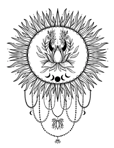 Skizze Grafische Illustration Schöner Sonnenlotus Mit Mystischen Und Okkulten Handgezeichneten — Stockvektor