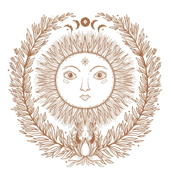 スケッチ図神秘とオカルトの手で美しい太陽の顔には シンボルが描かれています ベクトルの図 古いファッション Tattoos Freemasonry と秘密結社のエンブレムとヴィンテージ手 — ストックベクタ