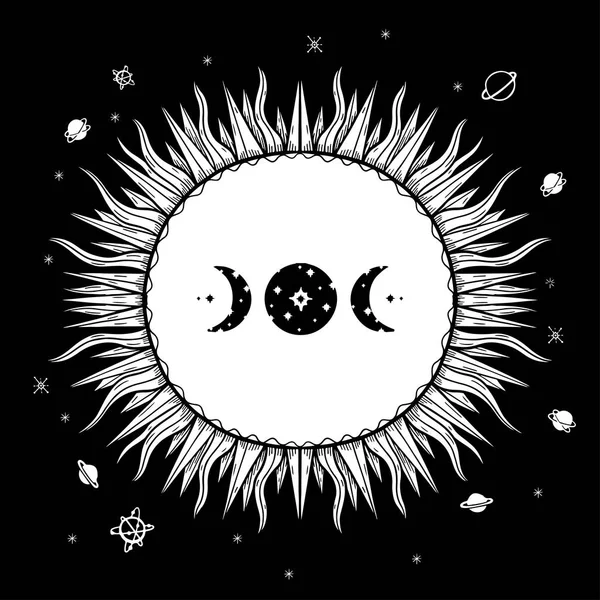 Графическая Иллюстрация Красивое Солнце Мистическими Оккультными Ручными Символами Векторная Иллюстрация — стоковый вектор