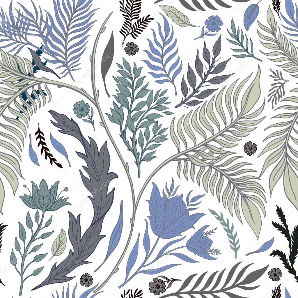 Abstract nature seamless pattern hand drawn. Ethnic ornament, floral print, textile fabric, botanical element. Vintage retro style. Image of flowers of leaves and other natural objects. Vector illustration.