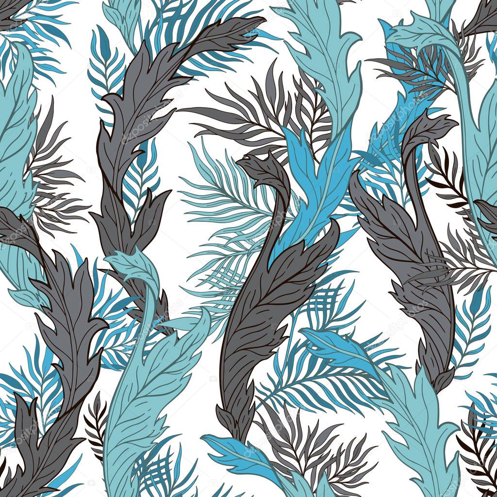 Abstract nature seamless pattern hand drawn. Ethnic ornament, floral print, textile fabric, botanical element. Vintage retro style. Image of flowers of leaves and other natural objects. Vector illustration.