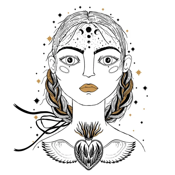 Beautiful young girl, face foreground. Vintage sketch style of drawing. Sketch for tattoo, isolated print on t-shirt. Magical, mystical, ethnic style. Vector illustration.