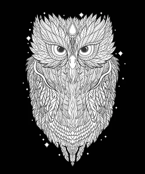 フクロウは森林の背景にシルエットと星の図 手描きの背景 シャツのプリント デザイン レトロな古いスタイル 古いファッション入れ墨をしたヴィンテージの手 鳥のシンボル — ストックベクタ