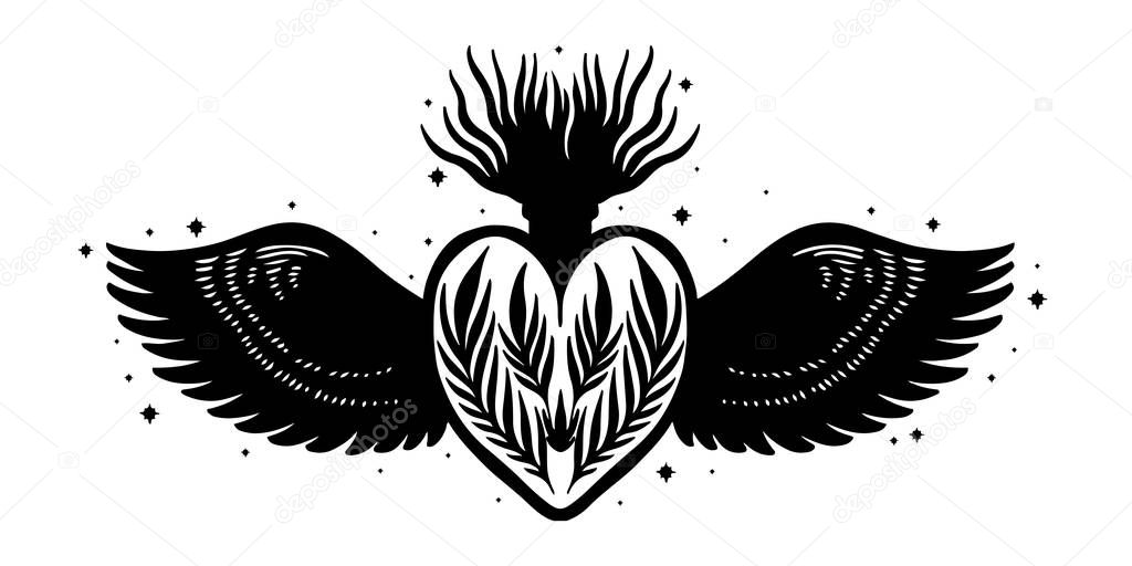 Sketch graphic illustration Beautiful heart with mystic and occult hand drawn symbols. Vector illustration. Vintage Hands with Old Fashion Tattoos.Freemasonry and secret societies emblems