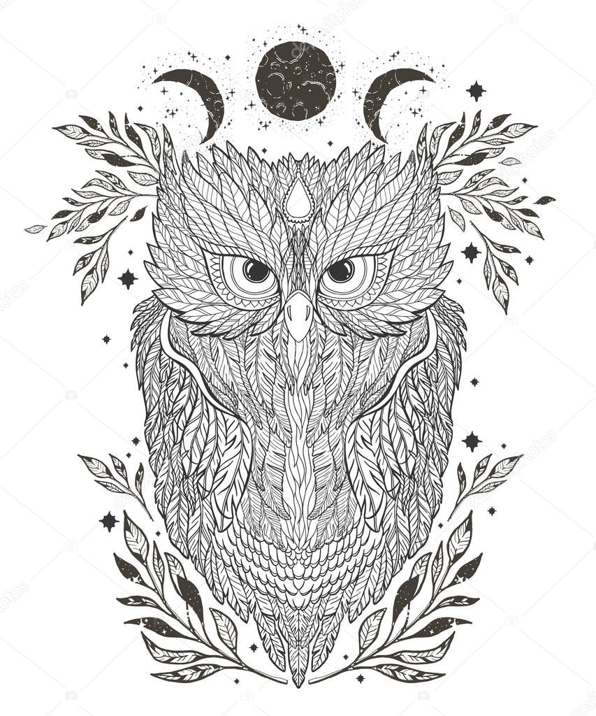 Illustration owl on forest silhouette background and star.Hand drawn vector.Prints design for t-shirts.Retro old style. Vintage Hands with Old Fashion Tattoos. Bird symbol.