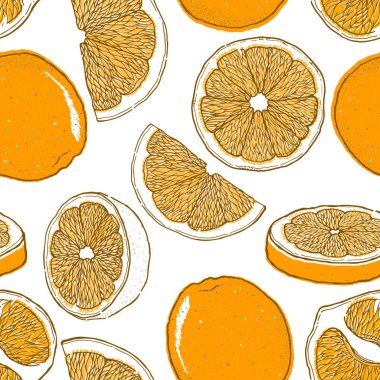 Mürekkep çizilen seamless modeli turuncu meyve ver. Gıda öğe koleksiyonu. Vintage kroki. Siyah anahat. Vektör çizim
