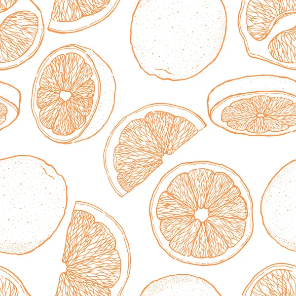 インクは手オレンジ色の果物の描かれたシームレス パターンです 食品要素のコレクション ビンテージのスケッチ 黒のアウトライン ベクトル図 — ストックベクタ