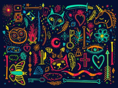 Mistik ve gizli el çizilmiş semboller büyük set ile Sketch grafik illüstrasyon. Ölüler günü veya Cadılar Bayramı için vektör tatil illüstrasyon. Astrolojik ve ezoterik kavram. Eski Moda Dövmeler. Psychedelic tarzı.
