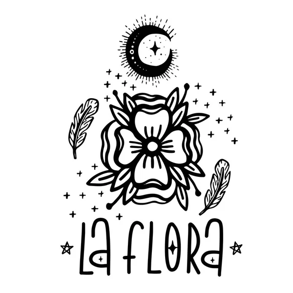 Disegno Grafico Illustrazione Flora Luna Con Mistici Occulti Simboli Disegnati — Vettoriale Stock