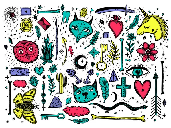 Mistik ve gizli el çizilmiş semboller büyük set ile Sketch grafik illüstrasyon. Ölüler günü veya Cadılar Bayramı için vektör tatil illüstrasyon. Astrolojik ve ezoterik kavram. Eski Moda Dövmeler. Psychedelic tarzı.
