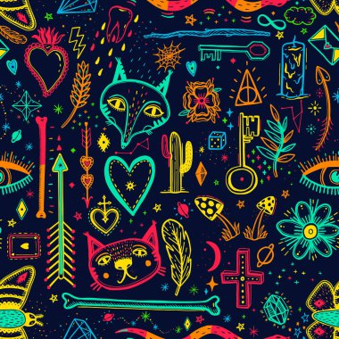 Büyülü deseni ile Seamless modeli. Mistik simgesini elle çizilmiş baskı. Cadılar Bayramı için vektör çizim. Karikatür tarzı