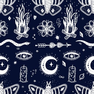 Büyülü deseni ile Seamless modeli. Mistik simgesini elle çizilmiş baskı. Cadılar Bayramı için vektör çizim. Karikatür tarzı