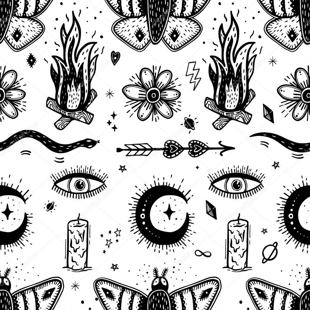 Seamless pattern with magical pattern. Mystical icon hand drawn print. Vector illustration for Halloween. Cartoon style