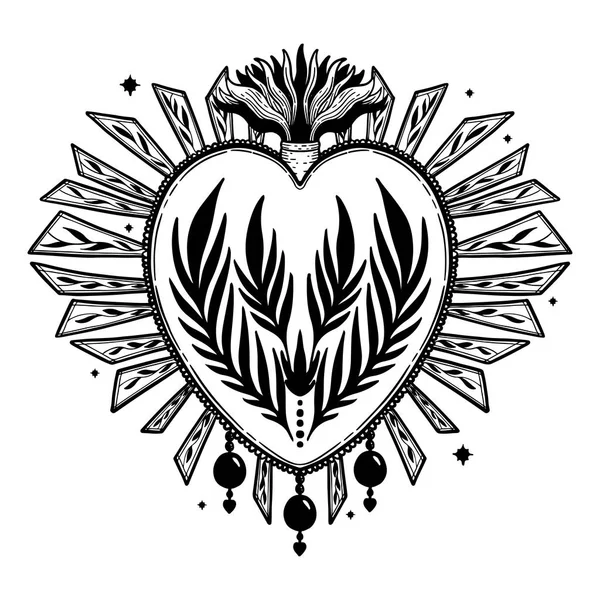 神圣神圣的心耶稣 圣礼宗教符号 神秘的图标手绘打印 墨西哥辛博尔 向量例证复古 — 图库矢量图片