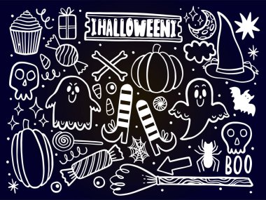 Komik sahne tasarımı için Cadılar Bayramı için ayarlayın. Beyaz arka planda izole edilmiş. Siyah arka planda eleman beyaz çizgi. Vektör çizimi.