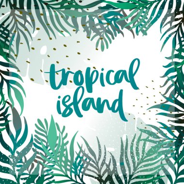 Vektör yatay tropikal afiş beyaz zemin üzerine bırakır. Egzotik botanik tasarım poster parti, kozmetik, spa, parfüm, sağlık ürünleri, aroma, düğün davetiyesi, web afiş için. İllüstrasyon